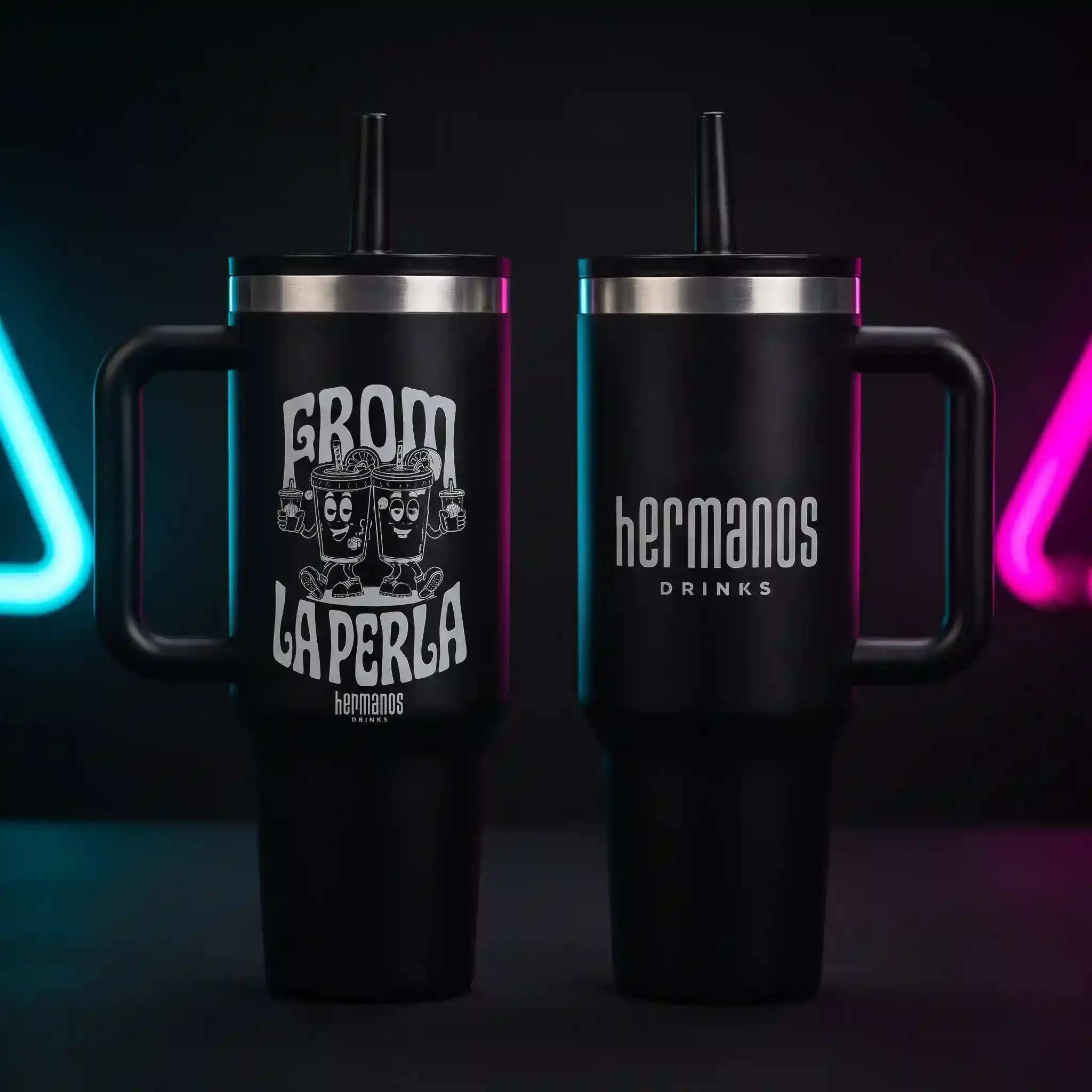 Termo Hermanos Drinks — Termo negro con asa y pitillo. Va con el logo o con el sello From la Perla